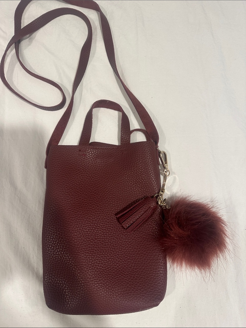 Women's Burgundy Crossbody Bag with Pom Pom